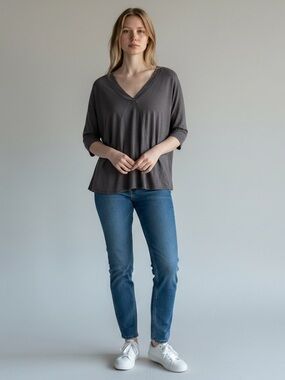 Mod-o-doc Slub Jersey 3/4 Sleeve V-Neck Tee women’s large lagenlook cotton